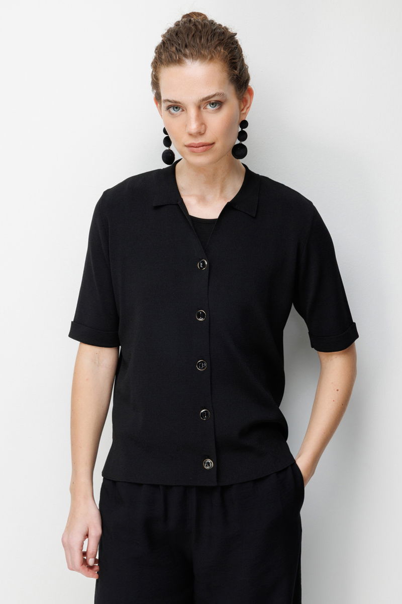 Desen Triko Kadın Polo Yaka Kısa Kollu İnce Triko Ceket 26363 Siyah - Desen Triko