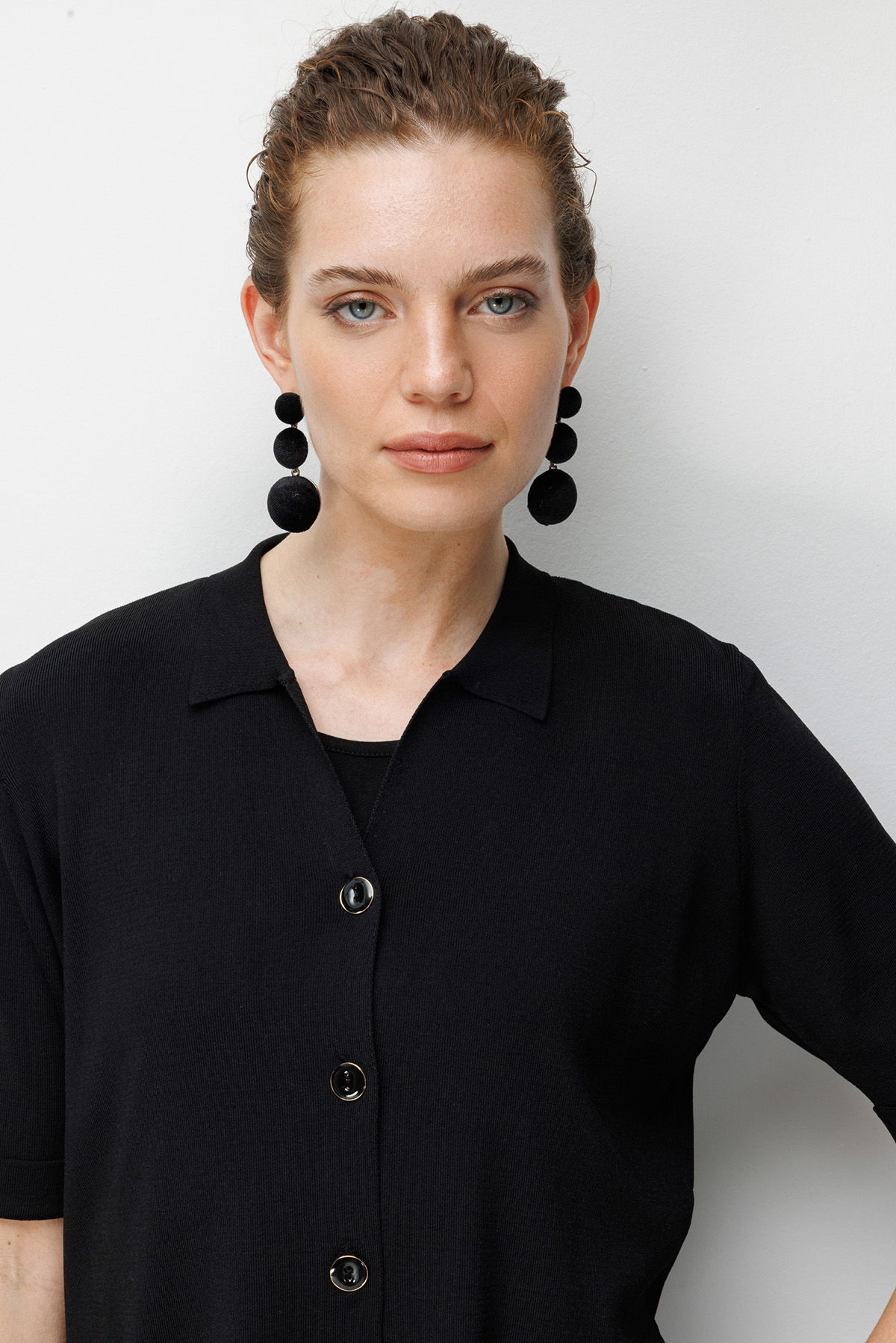 Desen Triko Kadın Polo Yaka Kısa Kollu İnce Triko Ceket 26363 Siyah - 2