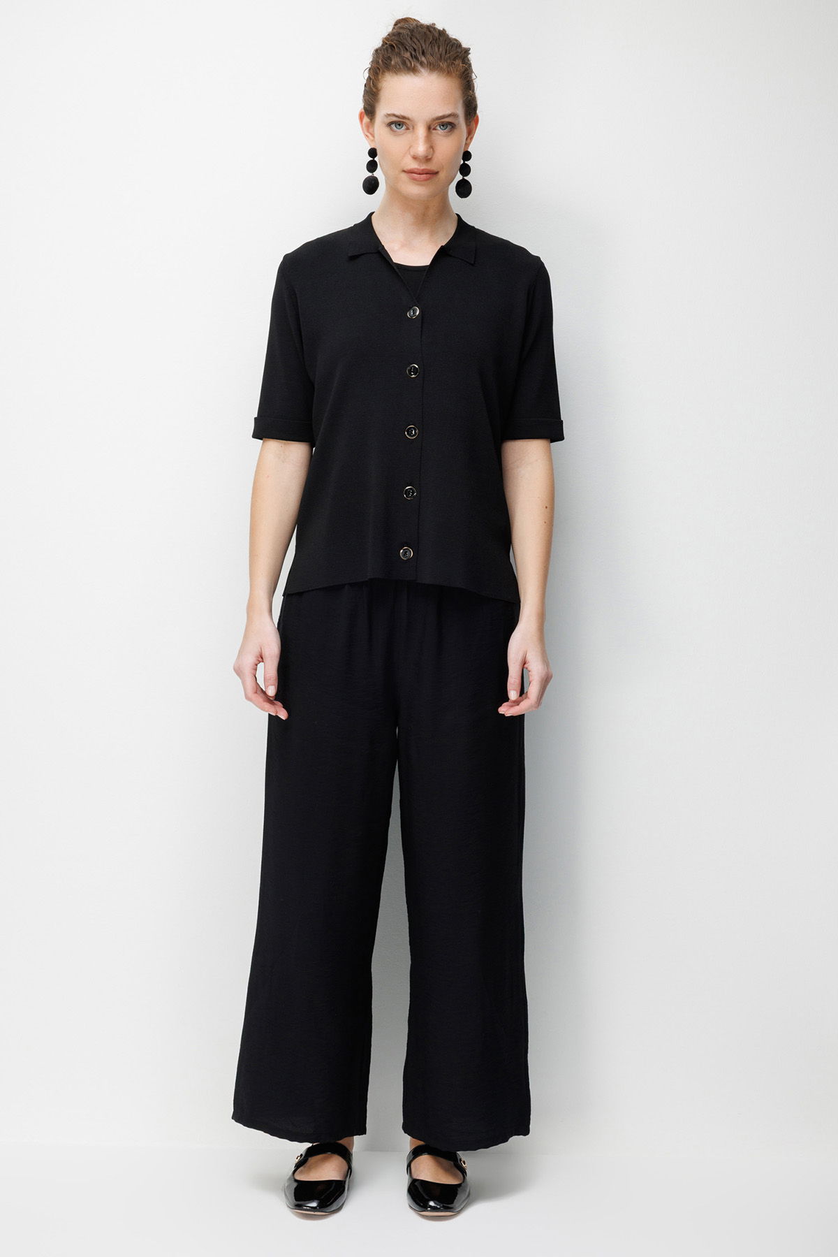 Desen Triko Kadın Polo Yaka Kısa Kollu İnce Triko Ceket 26363 Siyah - 3