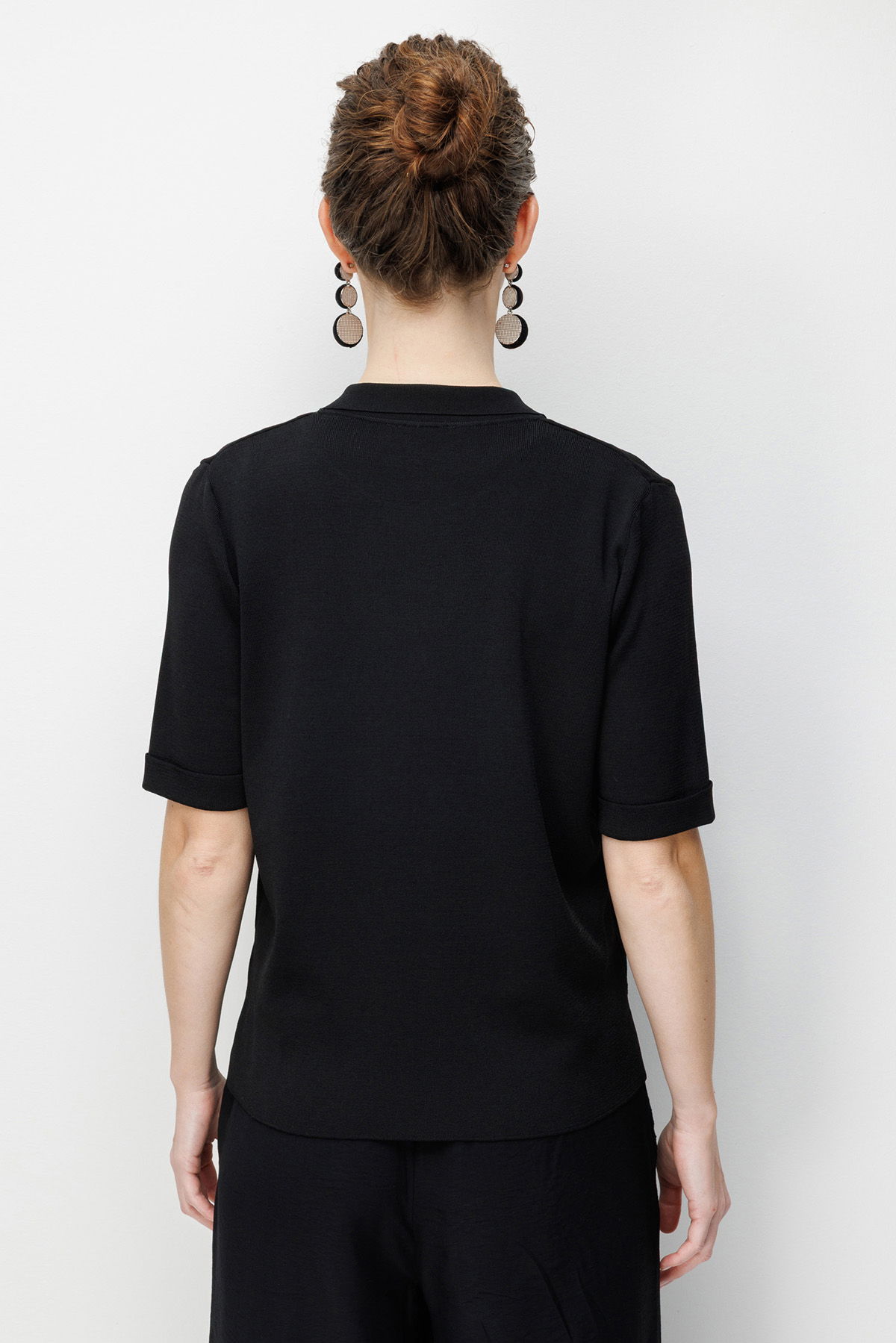 Desen Triko Kadın Polo Yaka Kısa Kollu İnce Triko Ceket 26363 Siyah - 4