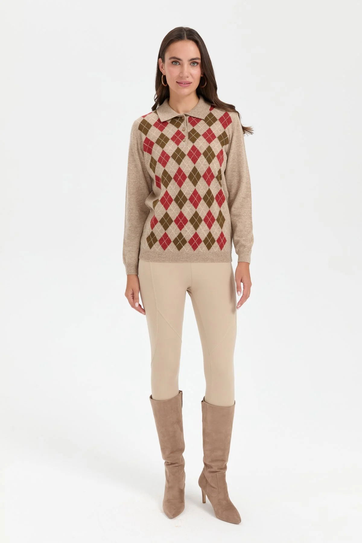Desen Triko Kadın Polo Yaka Önü Baklavalı Yün Kazak 24037 K. Bej - 2