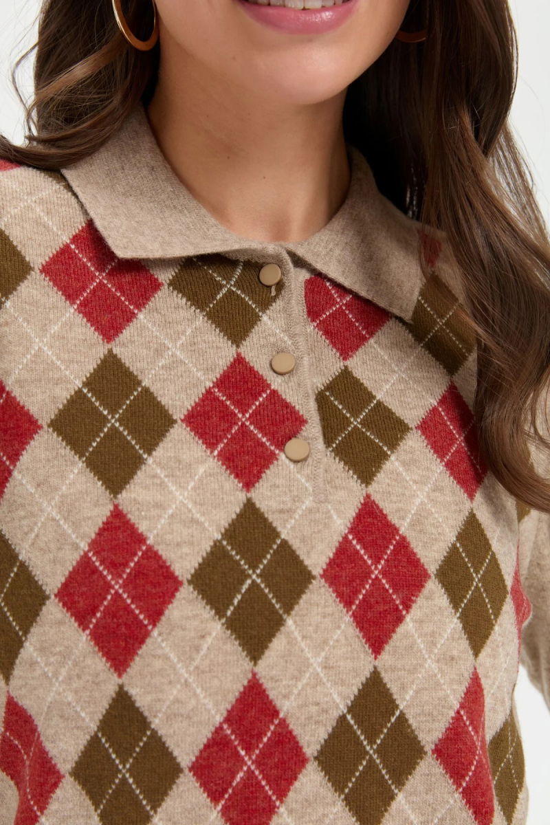 Desen Triko Kadın Polo Yaka Önü Baklavalı Yün Kazak 24037 K. Bej - 3