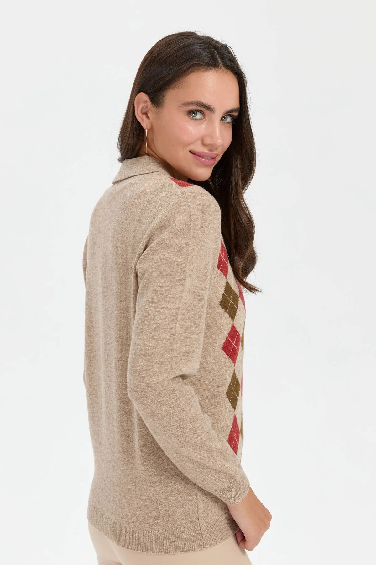 Desen Triko Kadın Polo Yaka Önü Baklavalı Yün Kazak 24037 K. Bej - 4