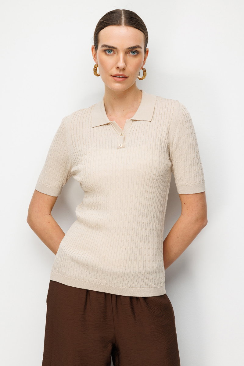 Desen Triko Kadın Polo Yaka Saç Örgülü İnce Triko Bluz 26373 K. Bej - Desen Triko