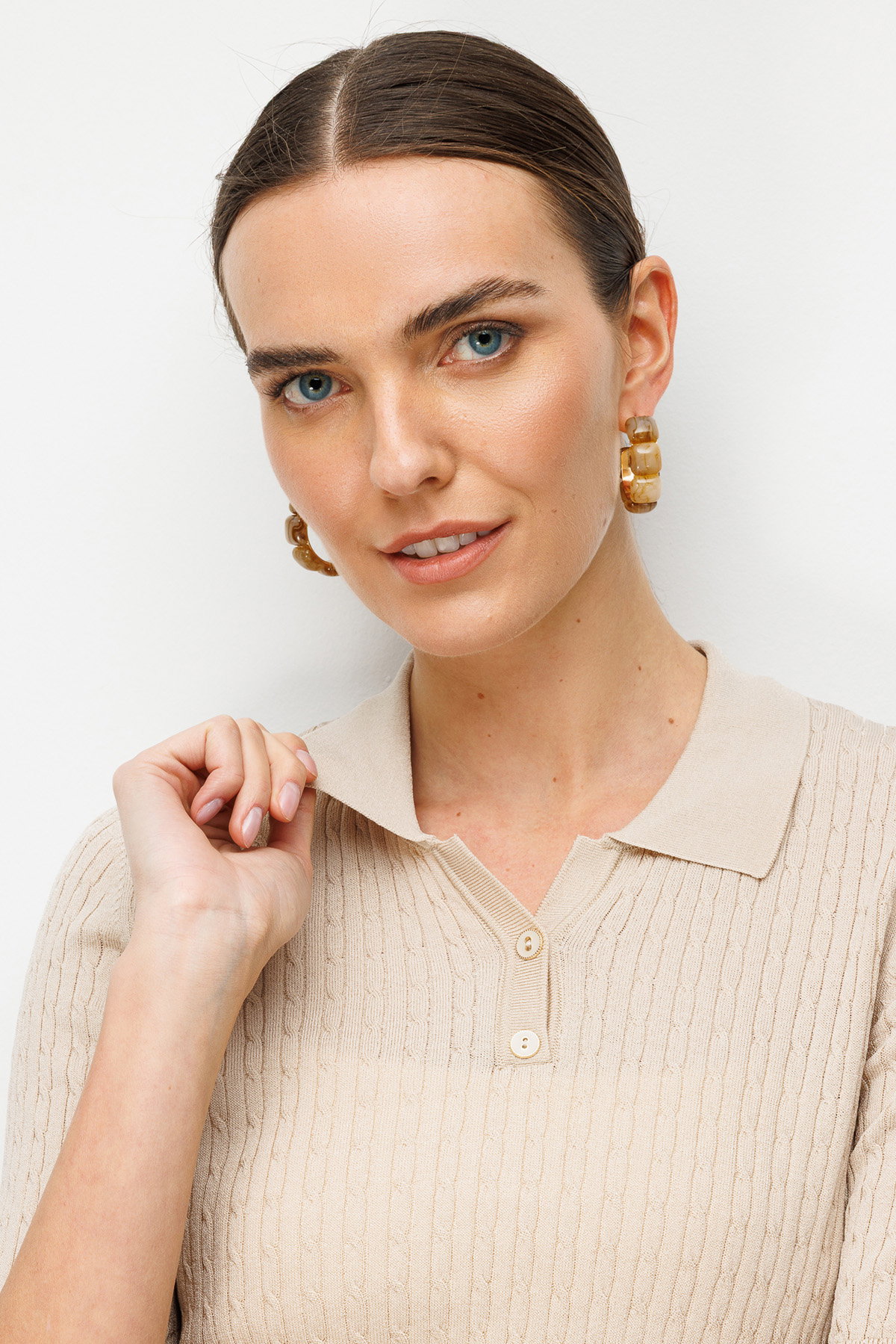 Desen Triko Kadın Polo Yaka Saç Örgülü İnce Triko Bluz 26373 K. Bej - 2