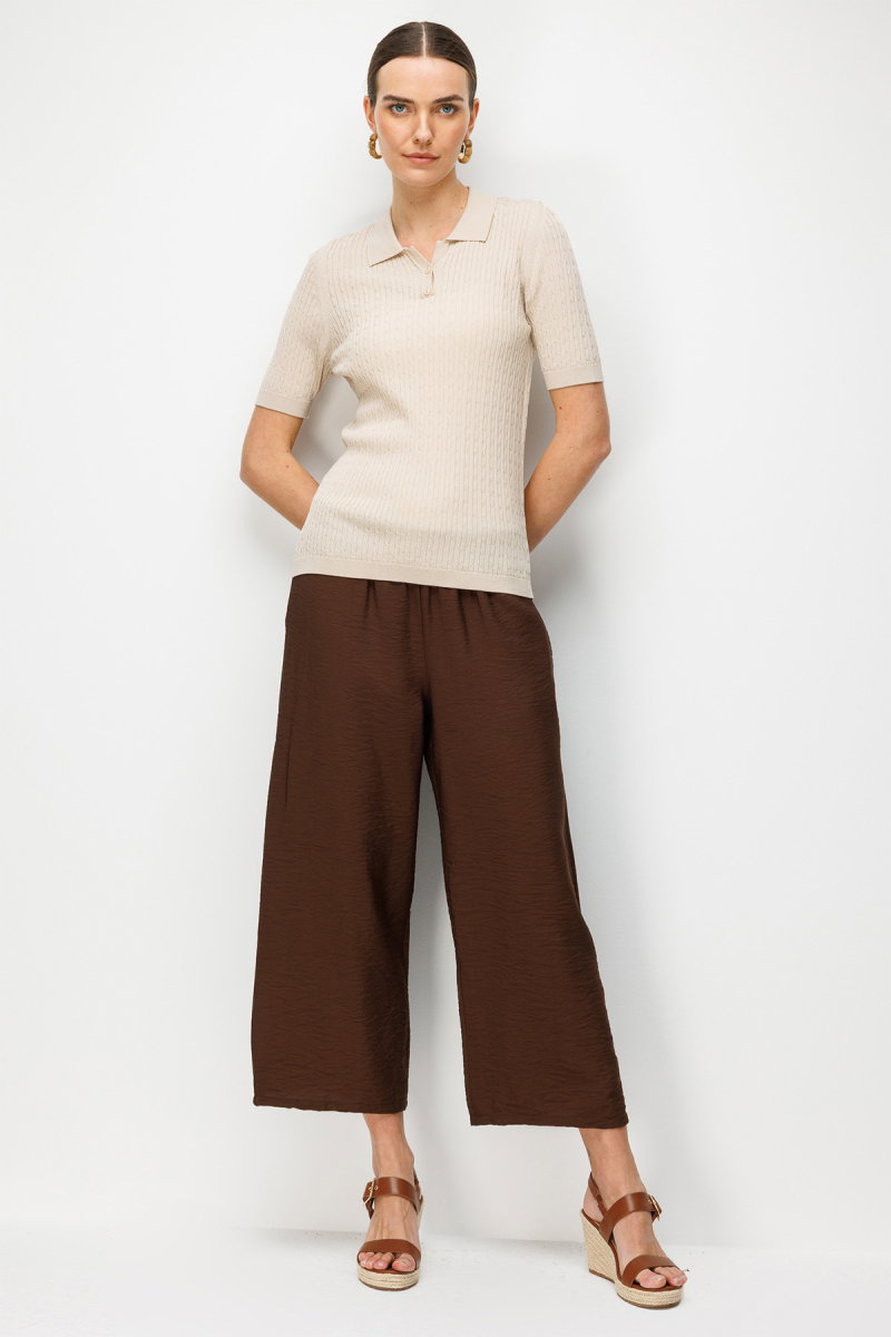 Desen Triko Kadın Polo Yaka Saç Örgülü İnce Triko Bluz 26373 K. Bej - 3