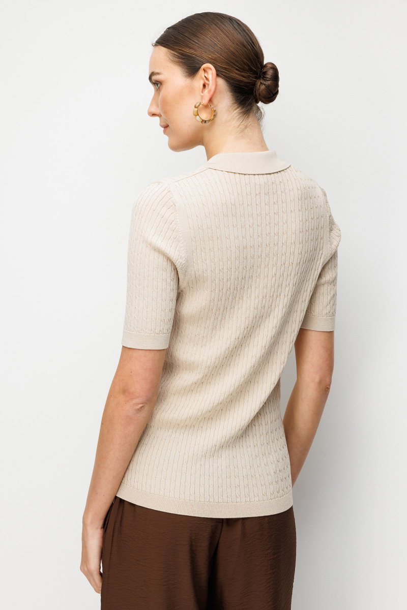 Desen Triko Kadın Polo Yaka Saç Örgülü İnce Triko Bluz 26373 K. Bej - 4