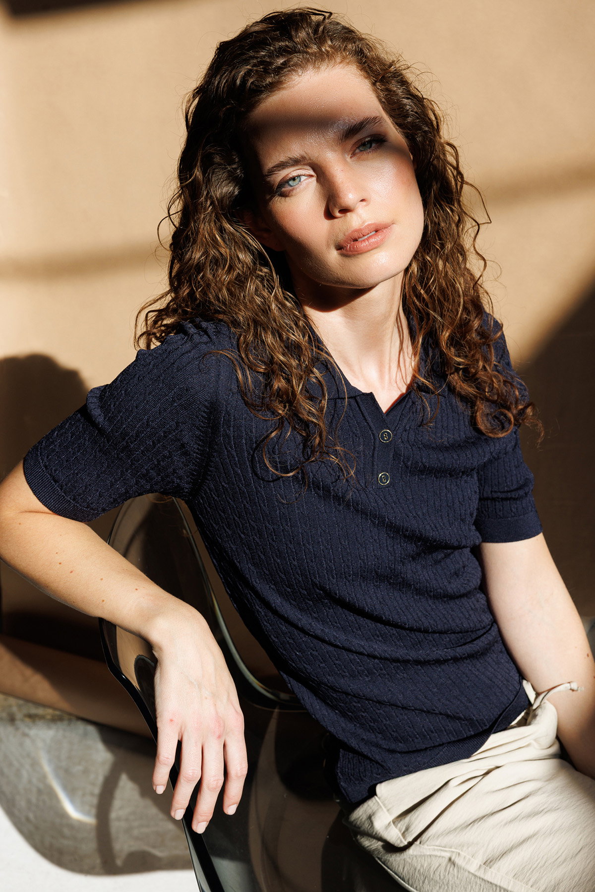 Desen Triko Kadın Polo Yaka Saç Örgülü İnce Triko Bluz 26373 Koyu Lacivert - 1