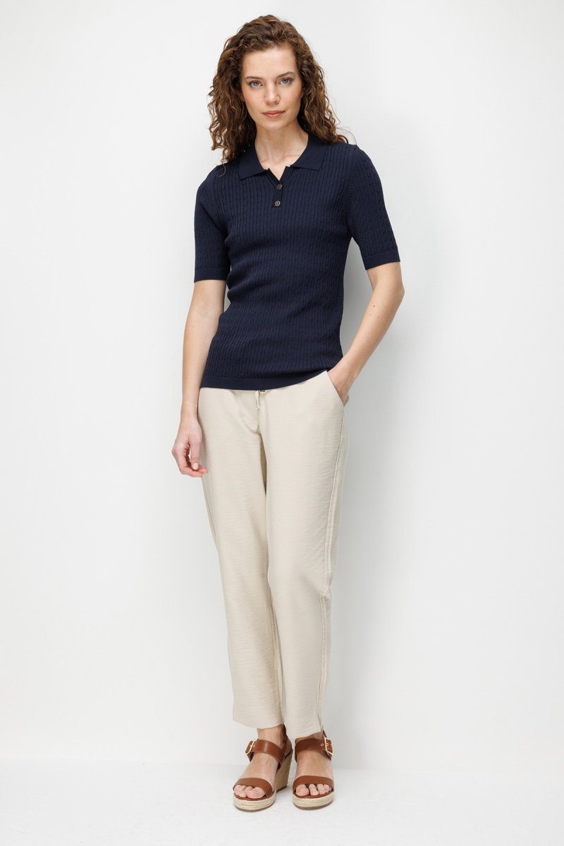 Desen Triko Kadın Polo Yaka Saç Örgülü İnce Triko Bluz 26373 Koyu Lacivert - 3