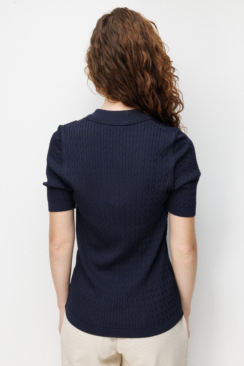 Desen Triko Kadın Polo Yaka Saç Örgülü İnce Triko Bluz 26373 Koyu Lacivert - 4