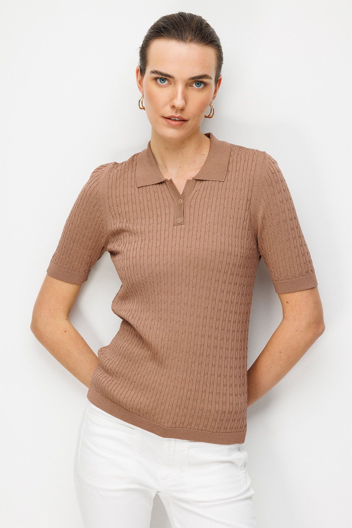 Desen Triko Kadın Polo Yaka Saç Örgülü İnce Triko Bluz 26373 Mocha - 1