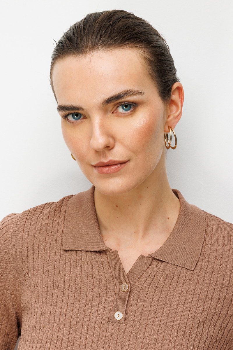 Desen Triko Kadın Polo Yaka Saç Örgülü İnce Triko Bluz 26373 Mocha - 2