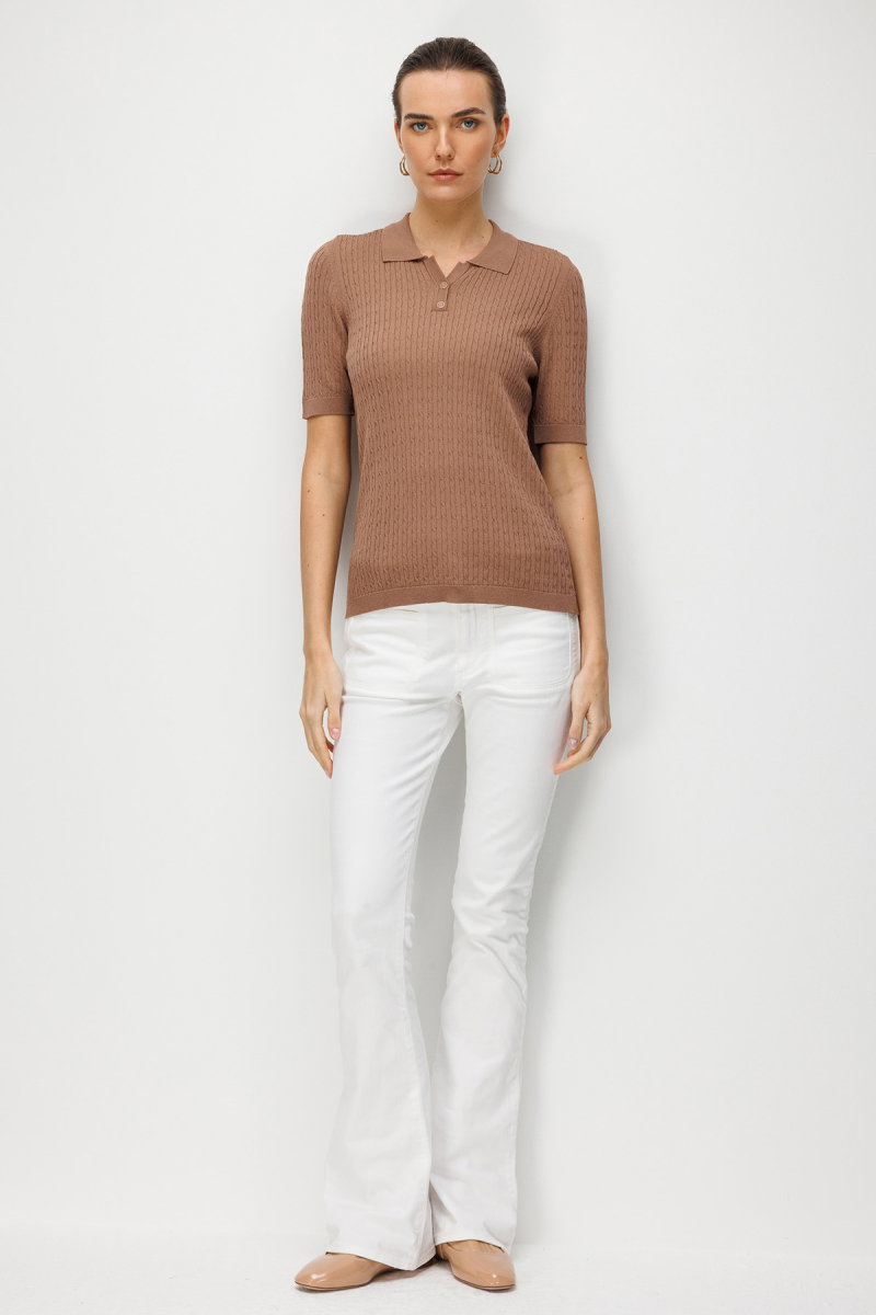 Desen Triko Kadın Polo Yaka Saç Örgülü İnce Triko Bluz 26373 Mocha - 3