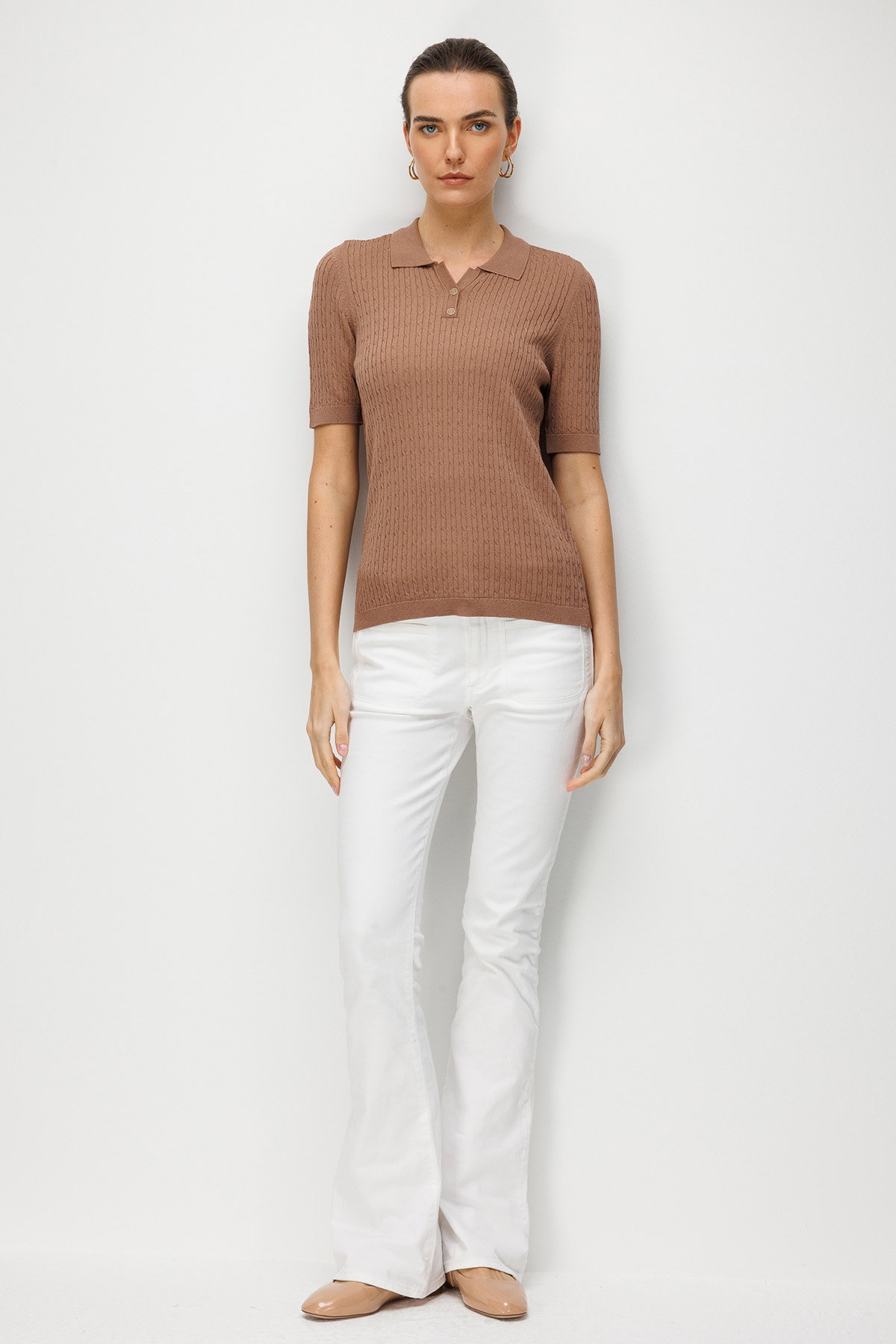 Desen Triko Kadın Polo Yaka Saç Örgülü İnce Triko Bluz 26373 Mocha - 3