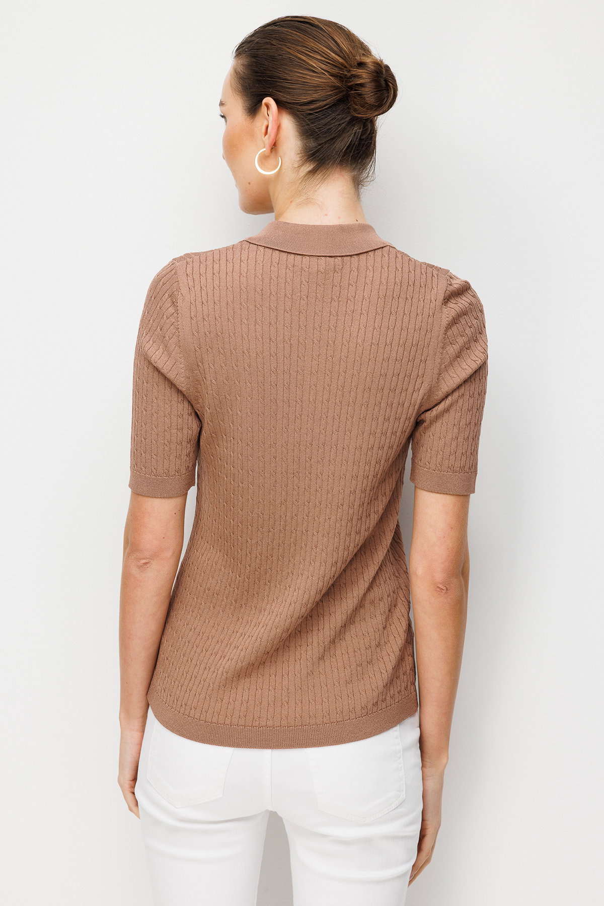 Desen Triko Kadın Polo Yaka Saç Örgülü İnce Triko Bluz 26373 Mocha - 4