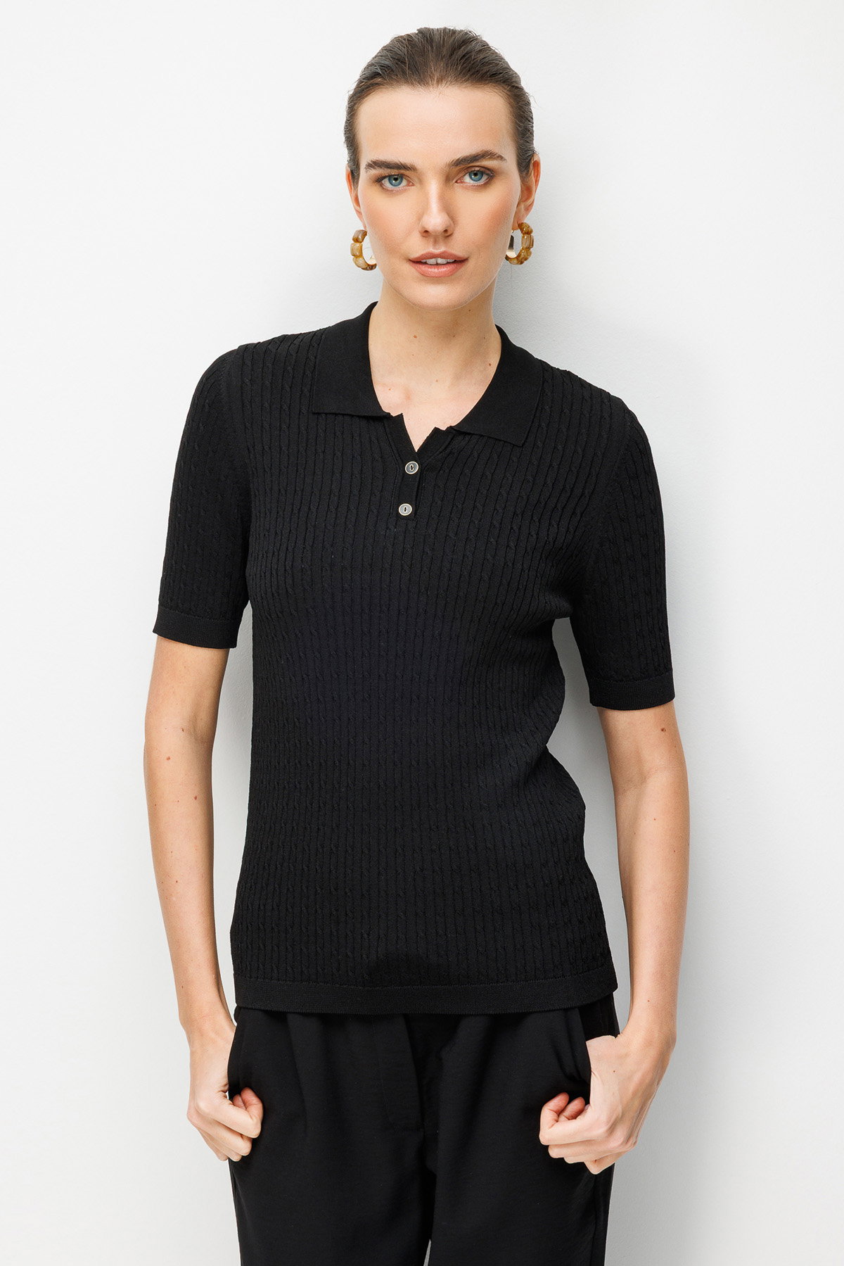 Desen Triko Kadın Polo Yaka Saç Örgülü İnce Triko Bluz 26373 Siyah - 1