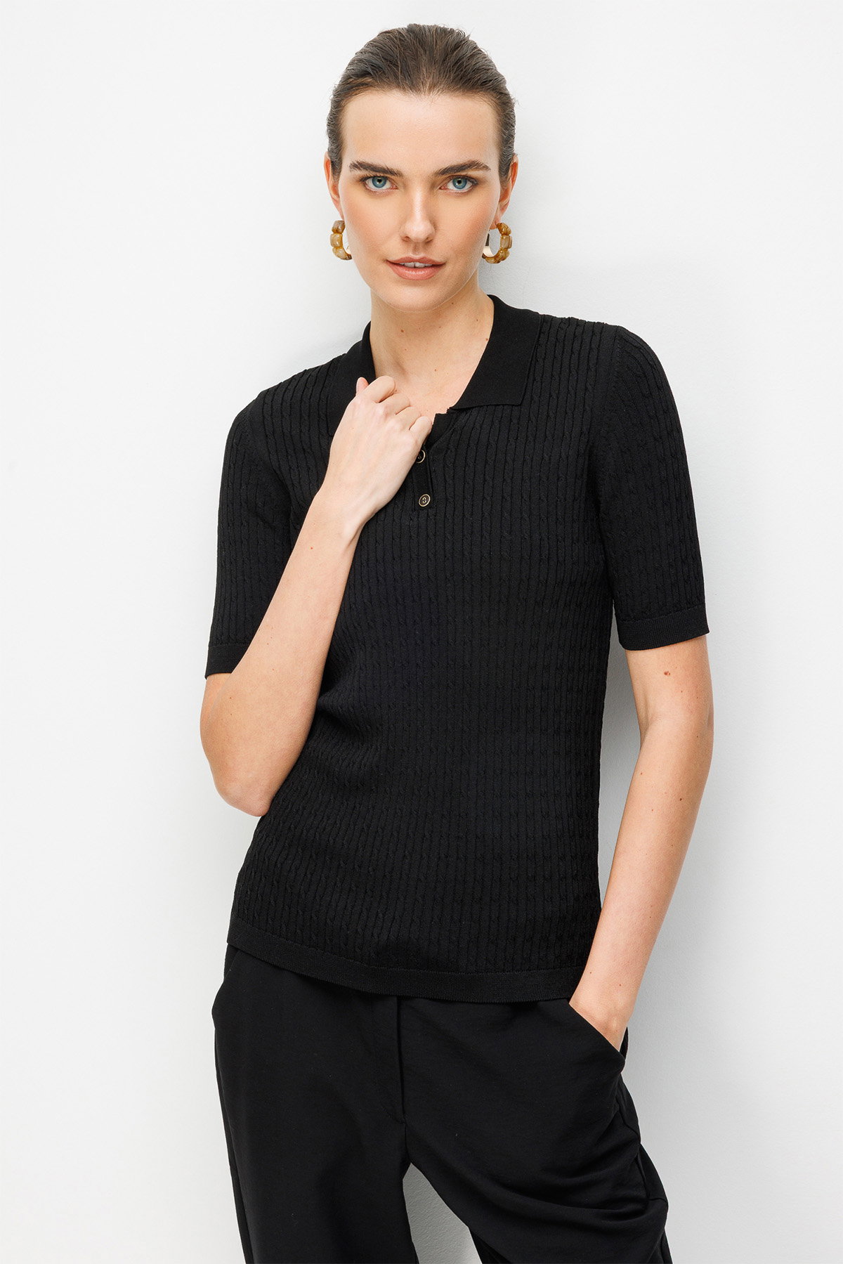 Desen Triko Kadın Polo Yaka Saç Örgülü İnce Triko Bluz 26373 Siyah - 3