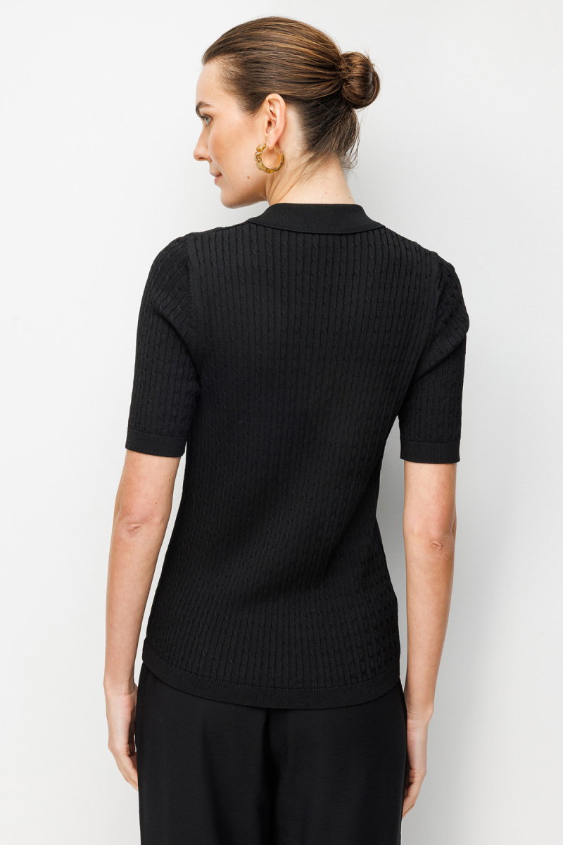 Desen Triko Kadın Polo Yaka Saç Örgülü İnce Triko Bluz 26373 Siyah - 4