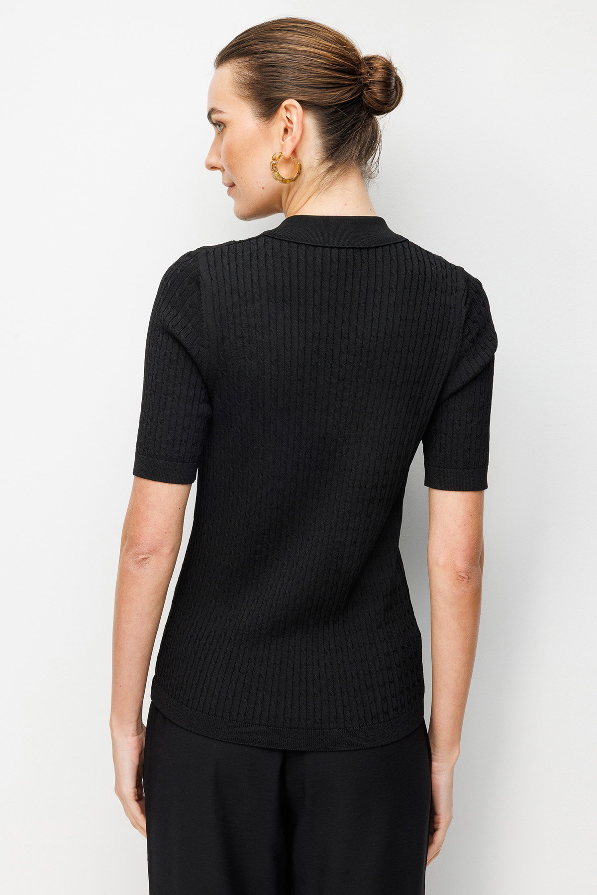Desen Triko Kadın Polo Yaka Saç Örgülü İnce Triko Bluz 26373 Siyah - 4