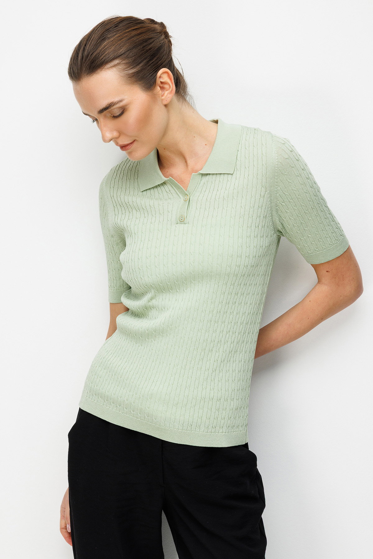 Desen Triko Kadın Polo Yaka Saç Örgülü İnce Triko Bluz 26373 Su Yeşili - 1