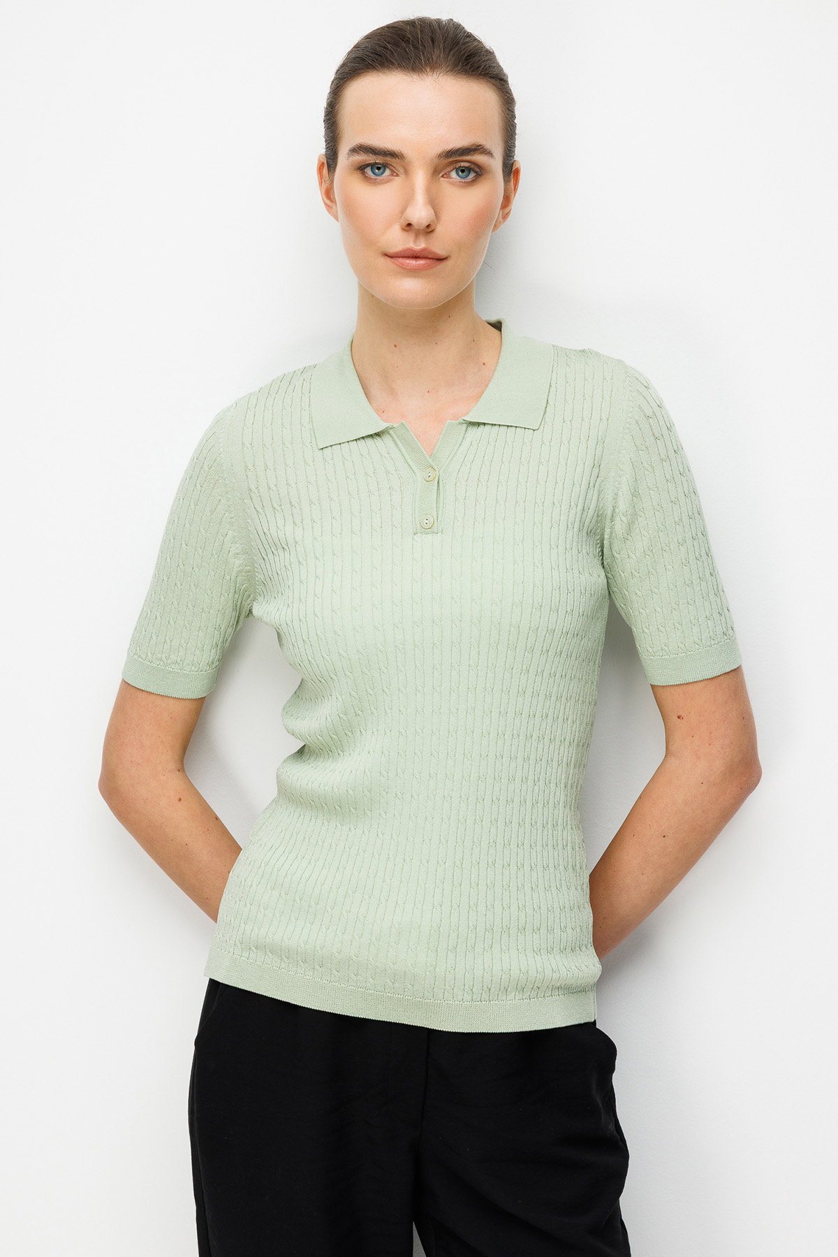 Desen Triko Kadın Polo Yaka Saç Örgülü İnce Triko Bluz 26373 Su Yeşili - 2