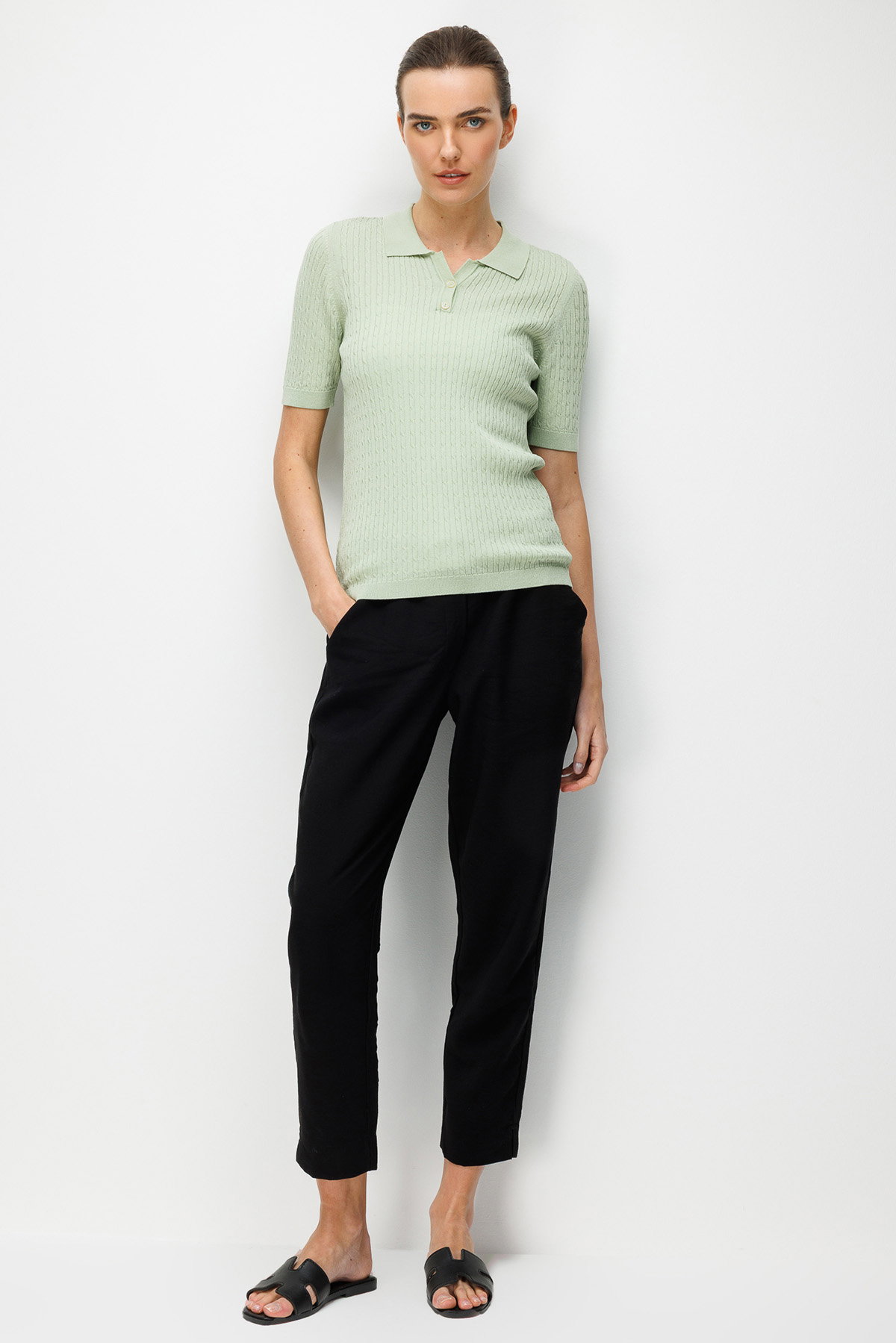 Desen Triko Kadın Polo Yaka Saç Örgülü İnce Triko Bluz 26373 Su Yeşili - 3