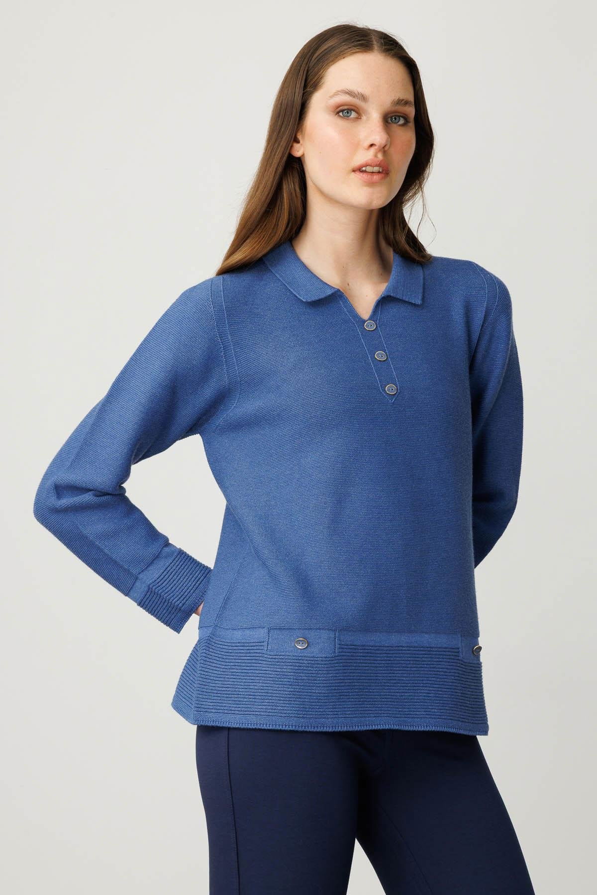 Desen Triko Kadın Polo Yaka Sahte Cepli Bluz 25243 Indigo - 1