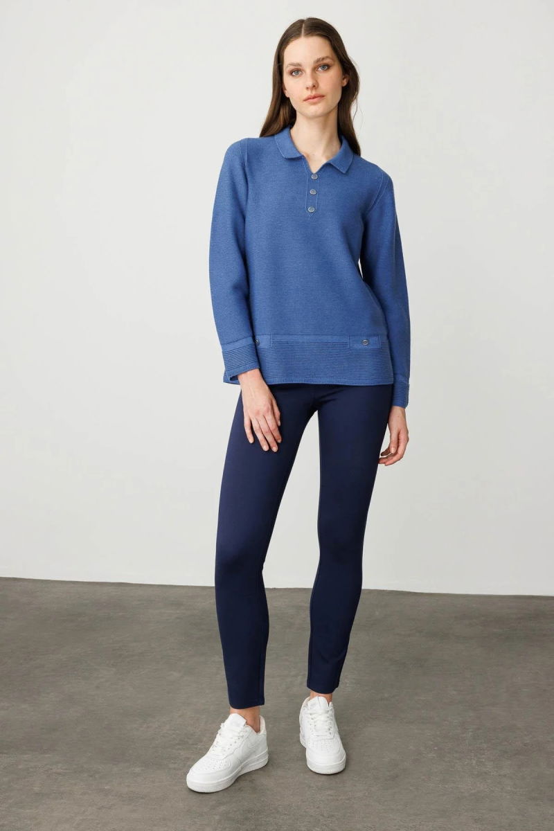 Desen Triko Kadın Polo Yaka Sahte Cepli Bluz 25243 Indigo - 2