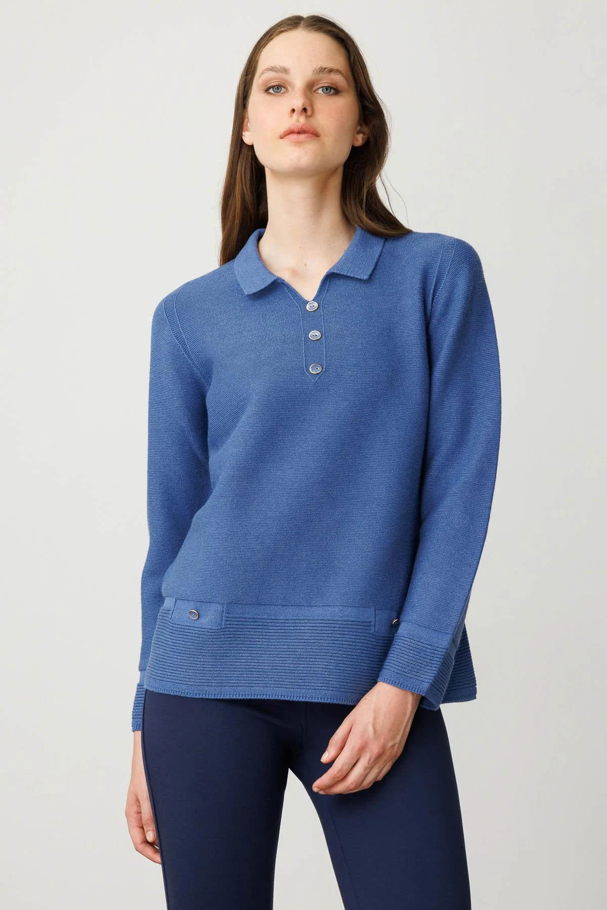 Desen Triko Kadın Polo Yaka Sahte Cepli Bluz 25243 Indigo - 3