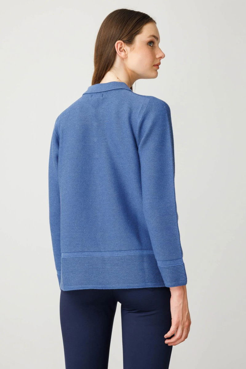 Desen Triko Kadın Polo Yaka Sahte Cepli Bluz 25243 Indigo - 4