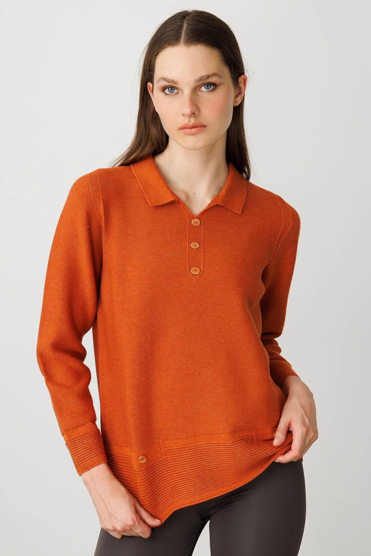 Desen Triko Kadın Polo Yaka Sahte Cepli Bluz 25243 Turuncu - 1