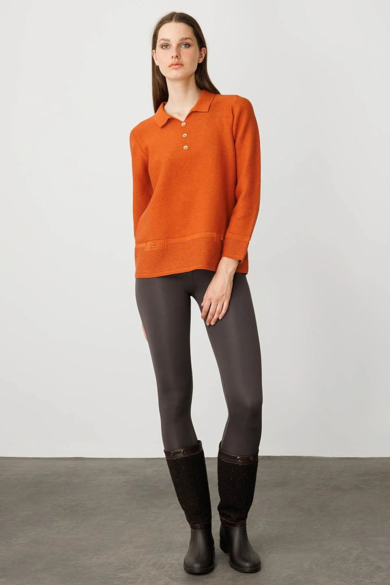 Desen Triko Kadın Polo Yaka Sahte Cepli Bluz 25243 Turuncu - 2