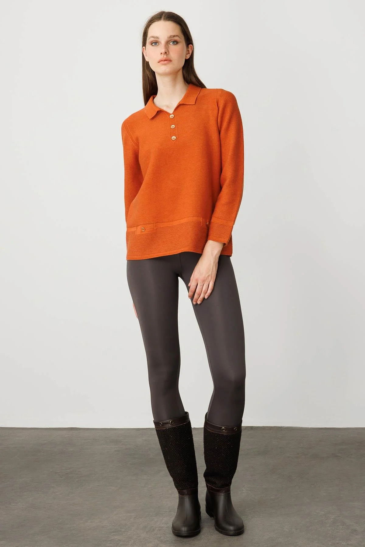 Desen Triko Kadın Polo Yaka Sahte Cepli Bluz 25243 Turuncu - 2