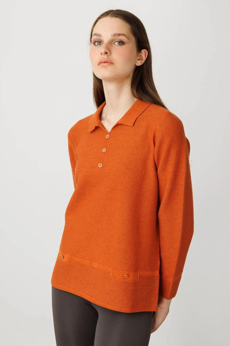 Desen Triko Kadın Polo Yaka Sahte Cepli Bluz 25243 Turuncu - 3
