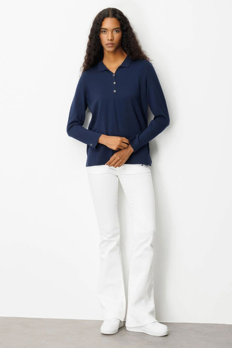 Desen Triko Kadın Polo Yaka Yakası ve Kolu Düğmeli Bluz 25391 Lacivert - 2