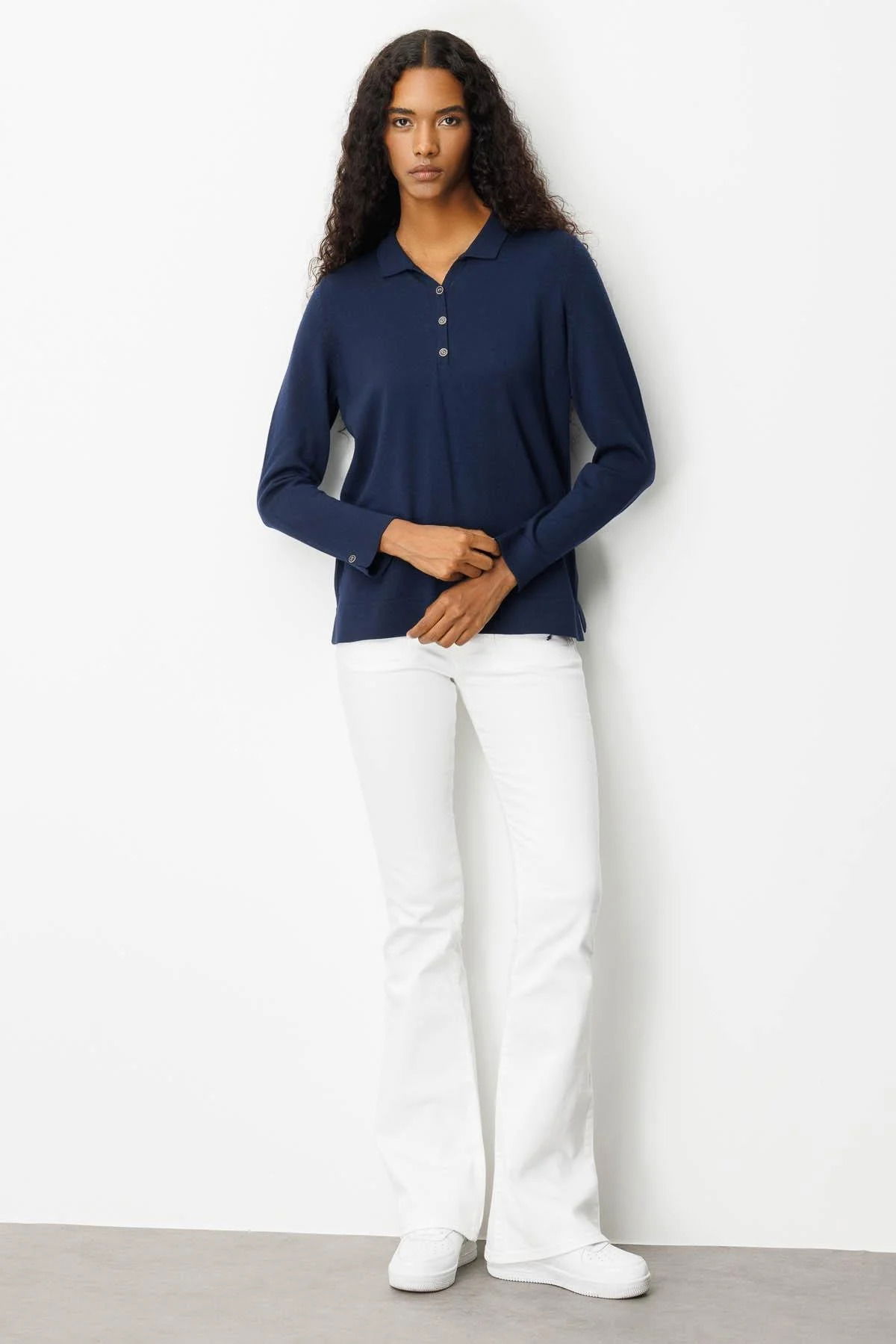 Desen Triko Kadın Polo Yaka Yakası ve Kolu Düğmeli Bluz 25391 Lacivert - 2