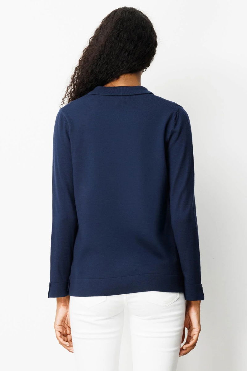 Desen Triko Kadın Polo Yaka Yakası ve Kolu Düğmeli Bluz 25391 Lacivert - 4