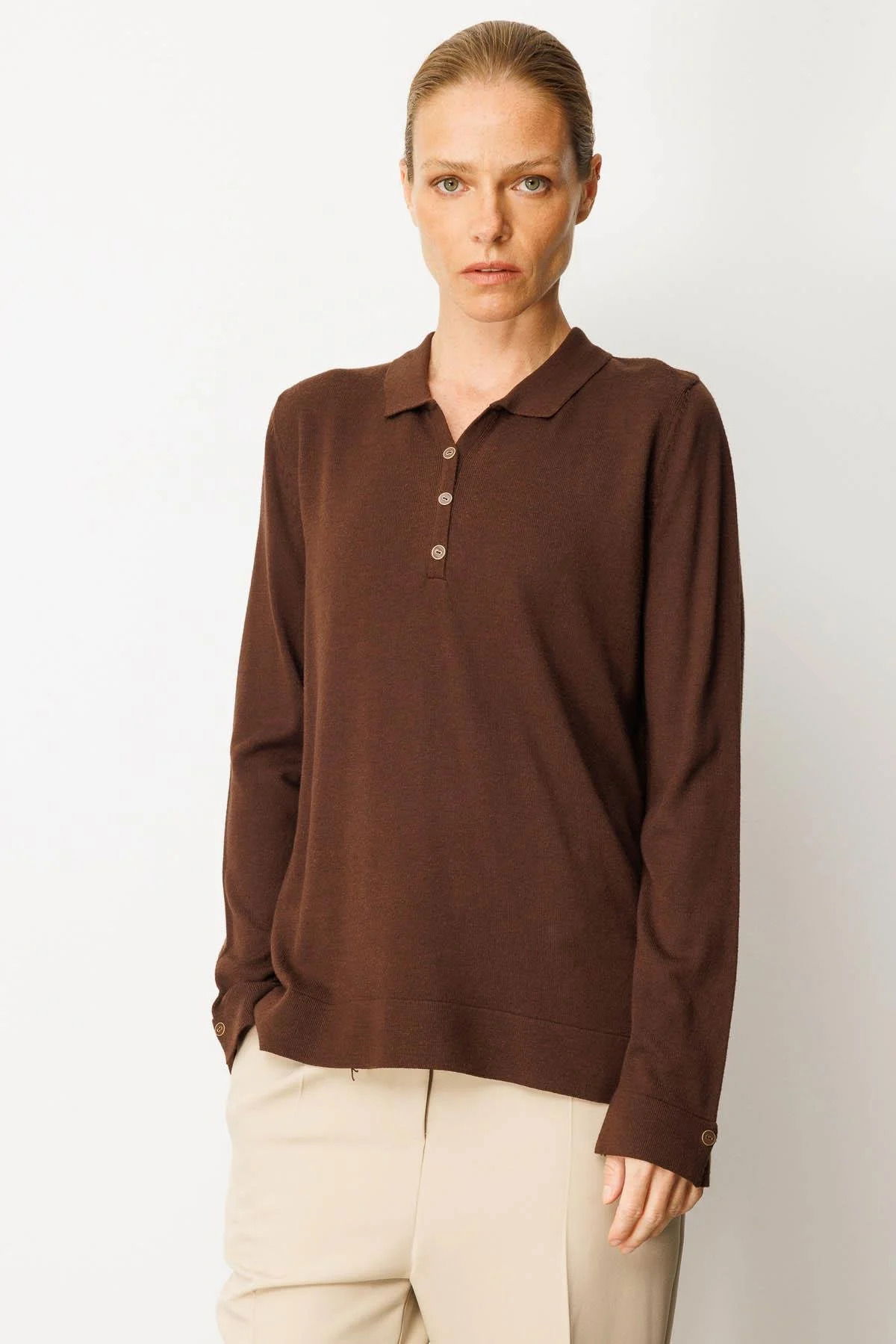 Desen Triko Kadın Polo Yaka Yakası ve Kolu Düğmeli Bluz 25391 M.Kahve - 1