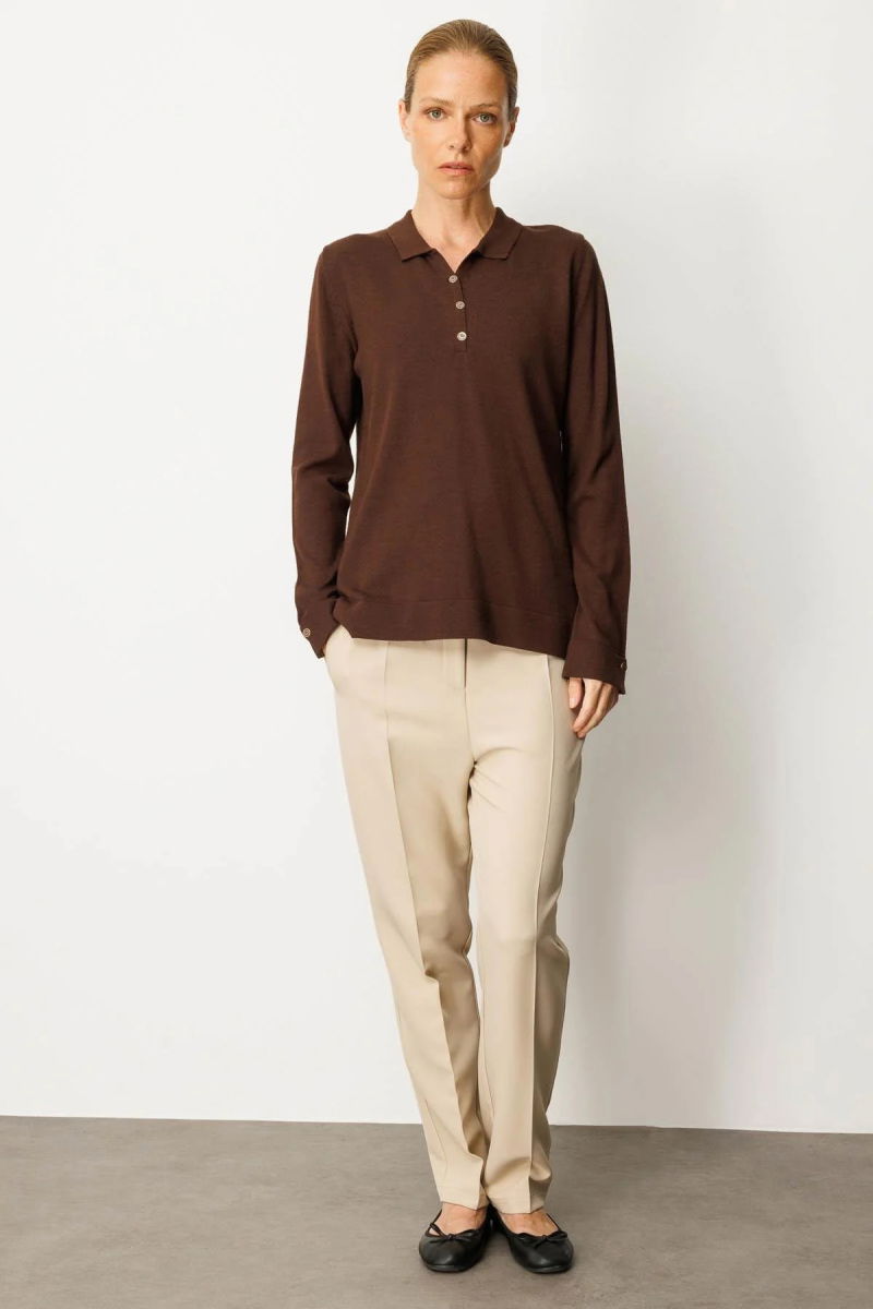 Desen Triko Kadın Polo Yaka Yakası ve Kolu Düğmeli Bluz 25391 M.Kahve - 2