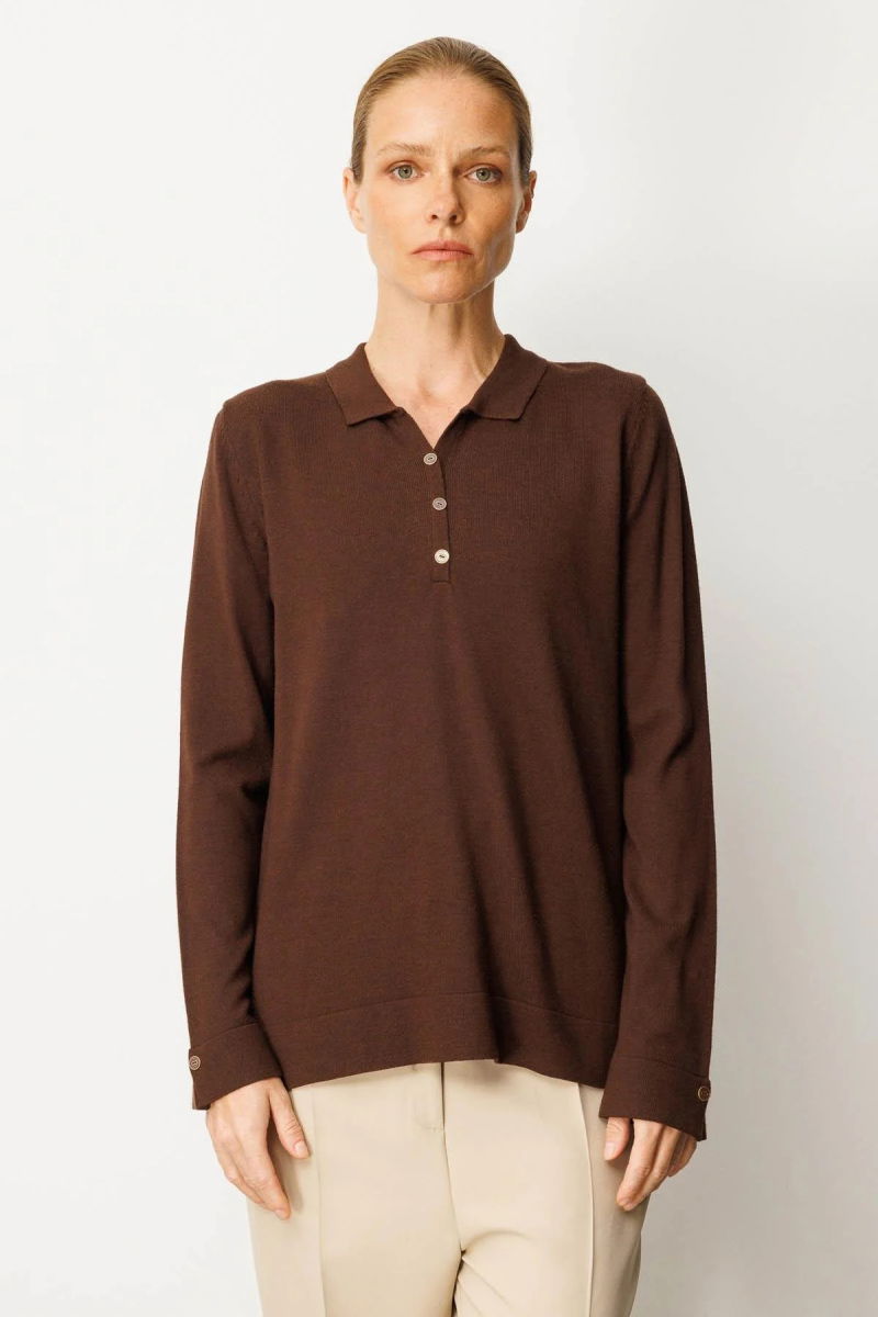 Desen Triko Kadın Polo Yaka Yakası ve Kolu Düğmeli Bluz 25391 M.Kahve - 3