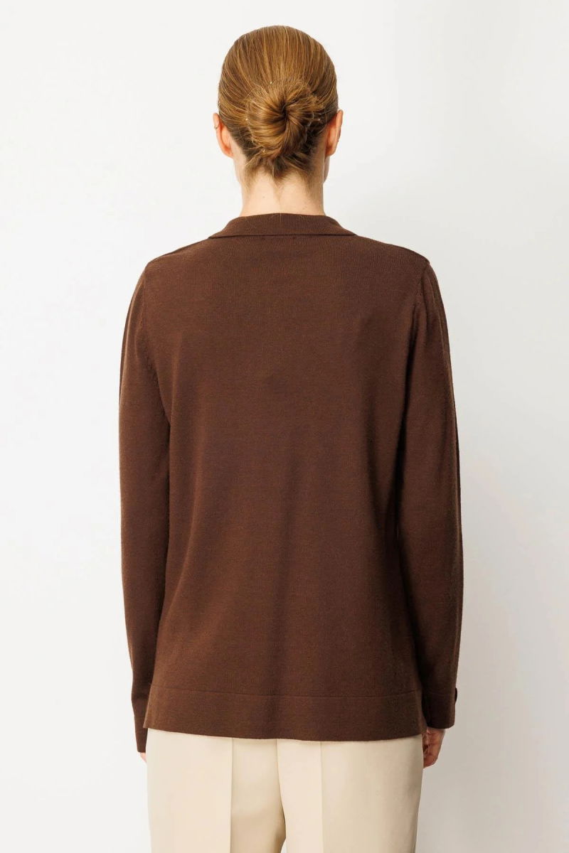 Desen Triko Kadın Polo Yaka Yakası ve Kolu Düğmeli Bluz 25391 M.Kahve - 4