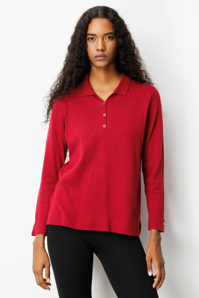 Desen Triko Kadın Polo Yaka Yakası ve Kolu Düğmeli Bluz 25391 Vişne - Desen Triko