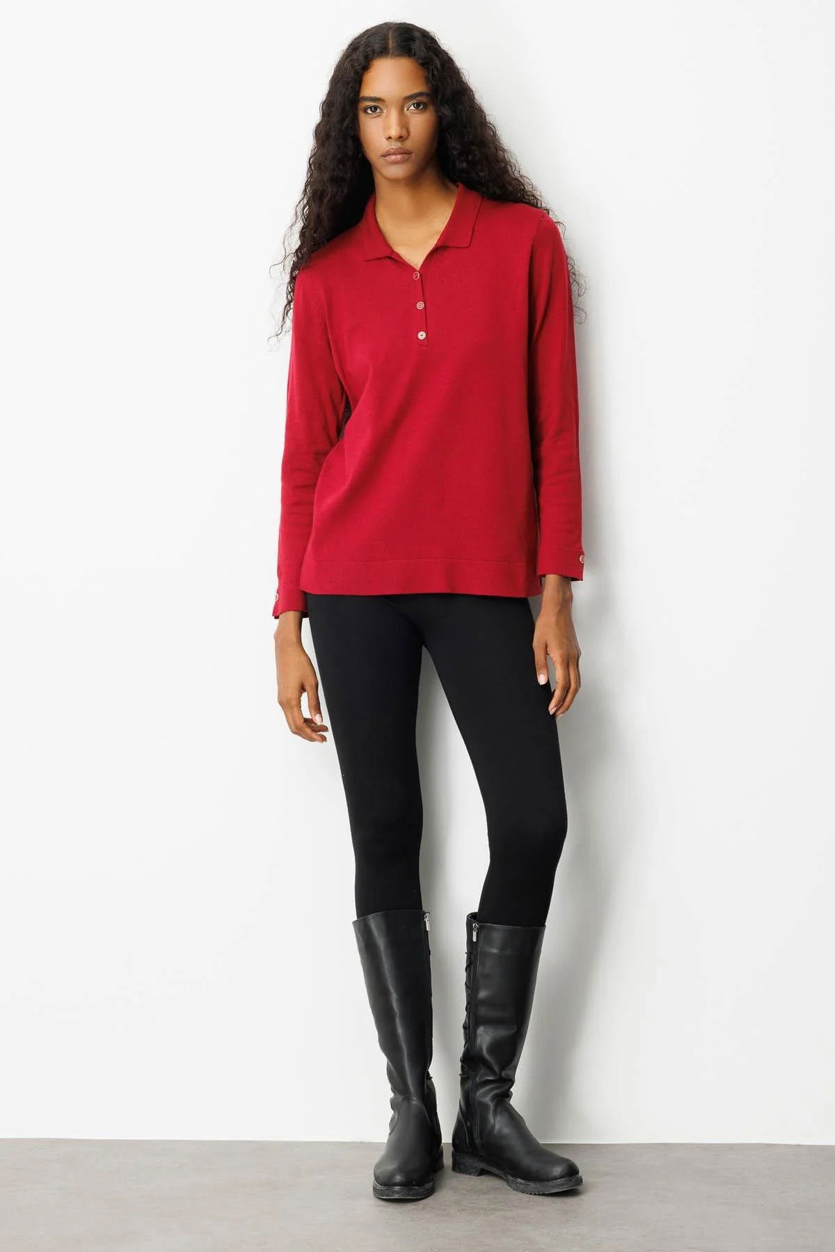 Desen Triko Kadın Polo Yaka Yakası ve Kolu Düğmeli Bluz 25391 Vişne - 2