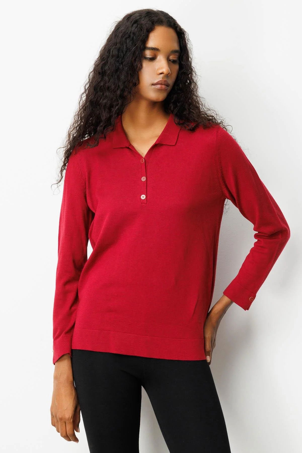 Desen Triko Kadın Polo Yaka Yakası ve Kolu Düğmeli Bluz 25391 Vişne - 3