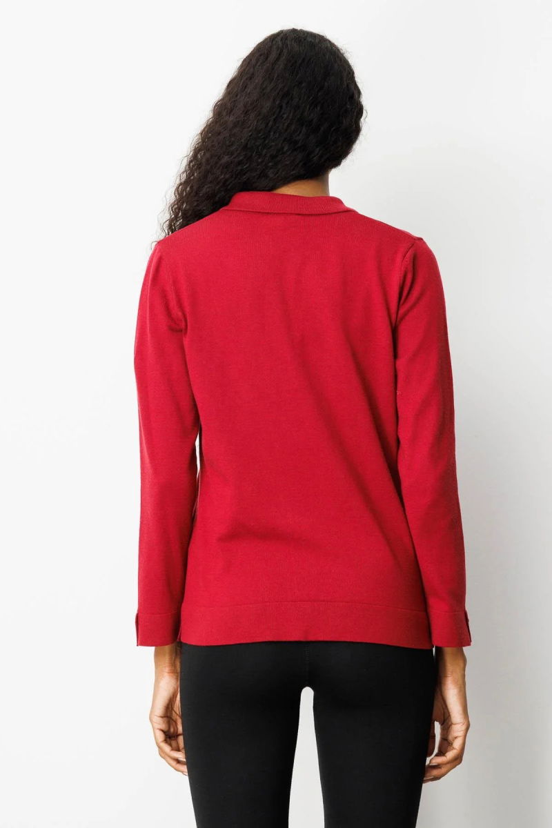 Desen Triko Kadın Polo Yaka Yakası ve Kolu Düğmeli Bluz 25391 Vişne - 4