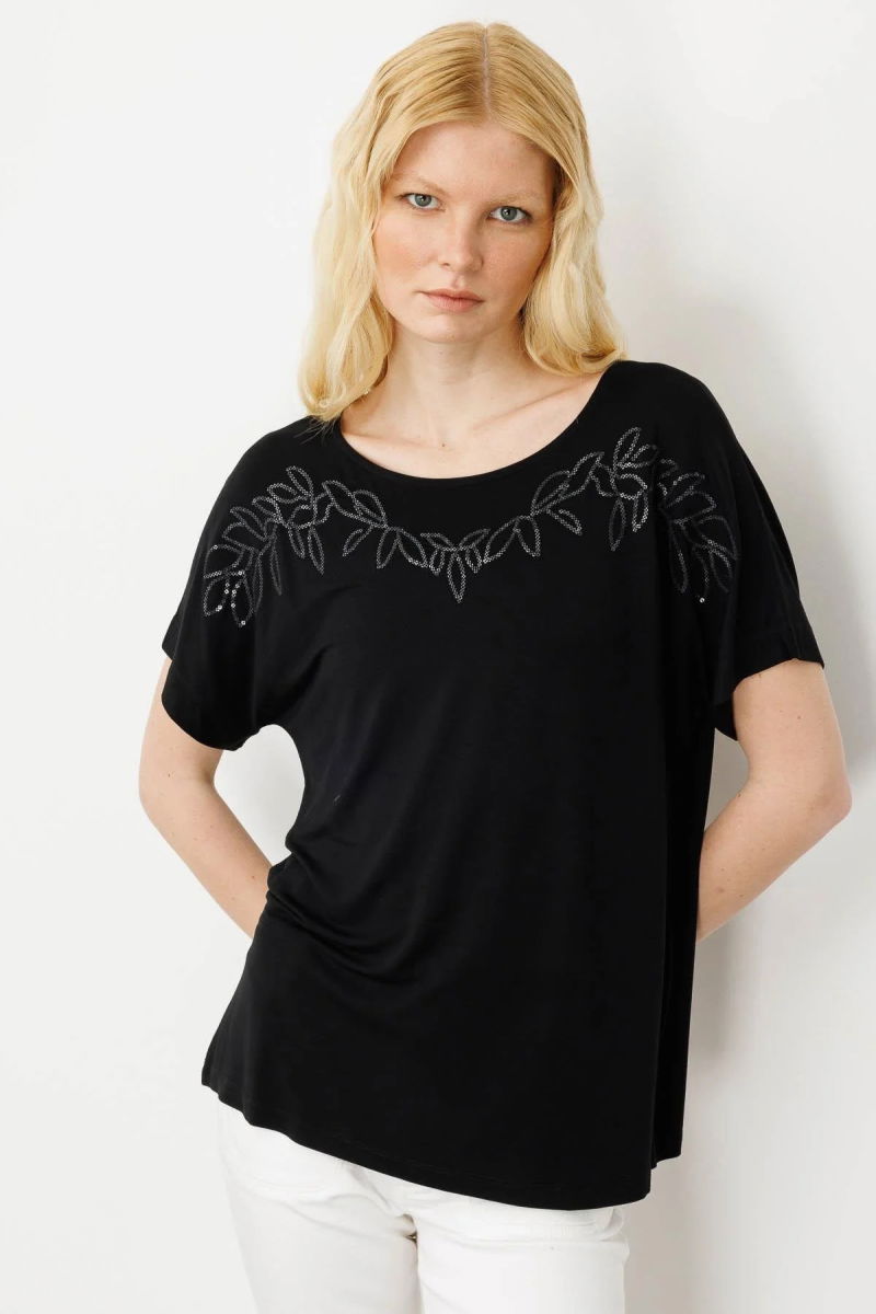 Desen Triko Kadın Sıfır Yaka Boncuk İşlemeli Penye T-Shirt 25859 Siyah 