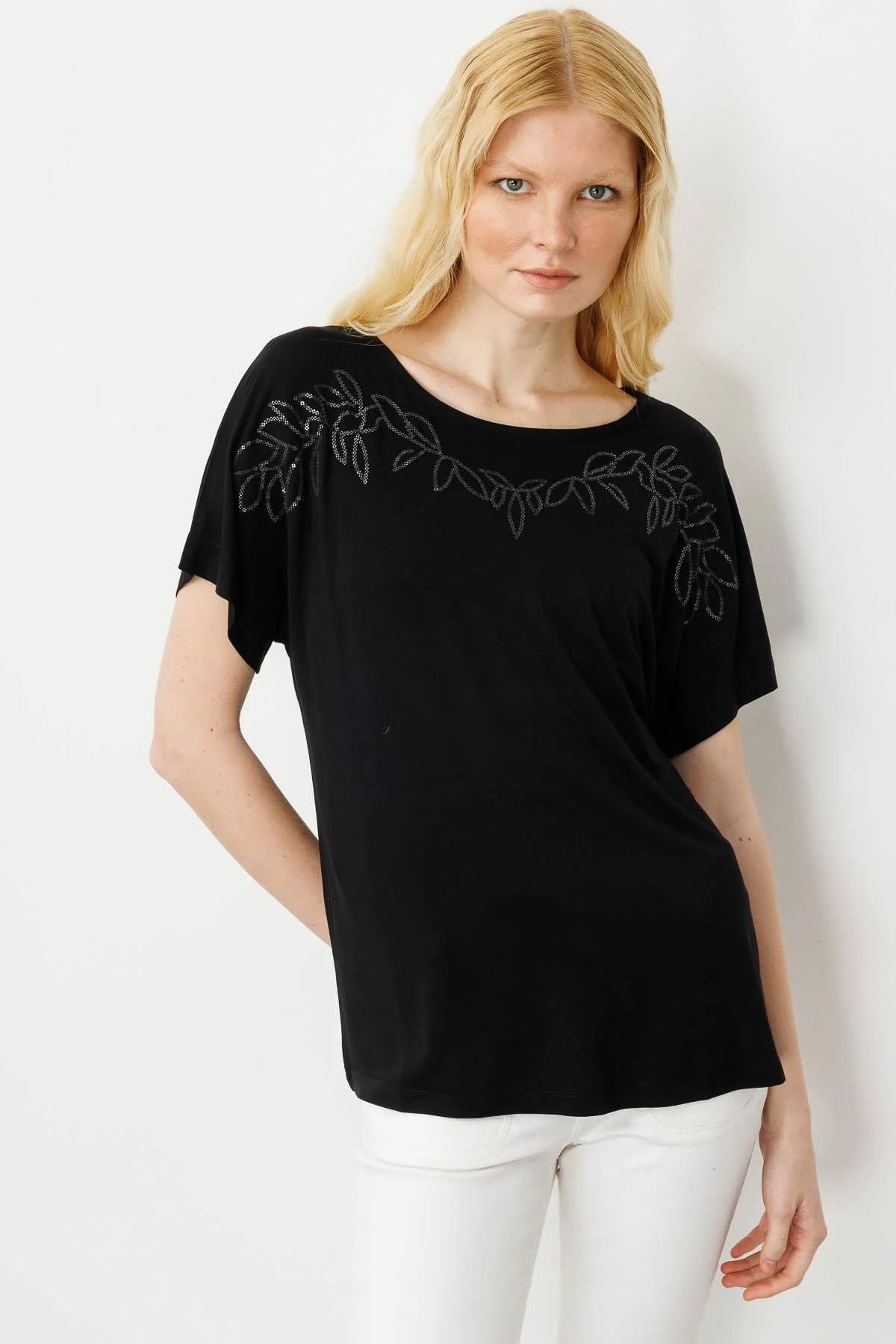 Desen Triko Kadın Sıfır Yaka Boncuk İşlemeli Penye T-Shirt 25859 Siyah - 3
