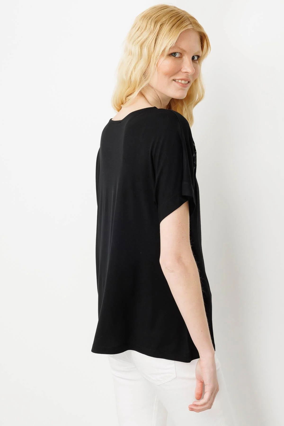 Desen Triko Kadın Sıfır Yaka Boncuk İşlemeli Penye T-Shirt 25859 Siyah - 4