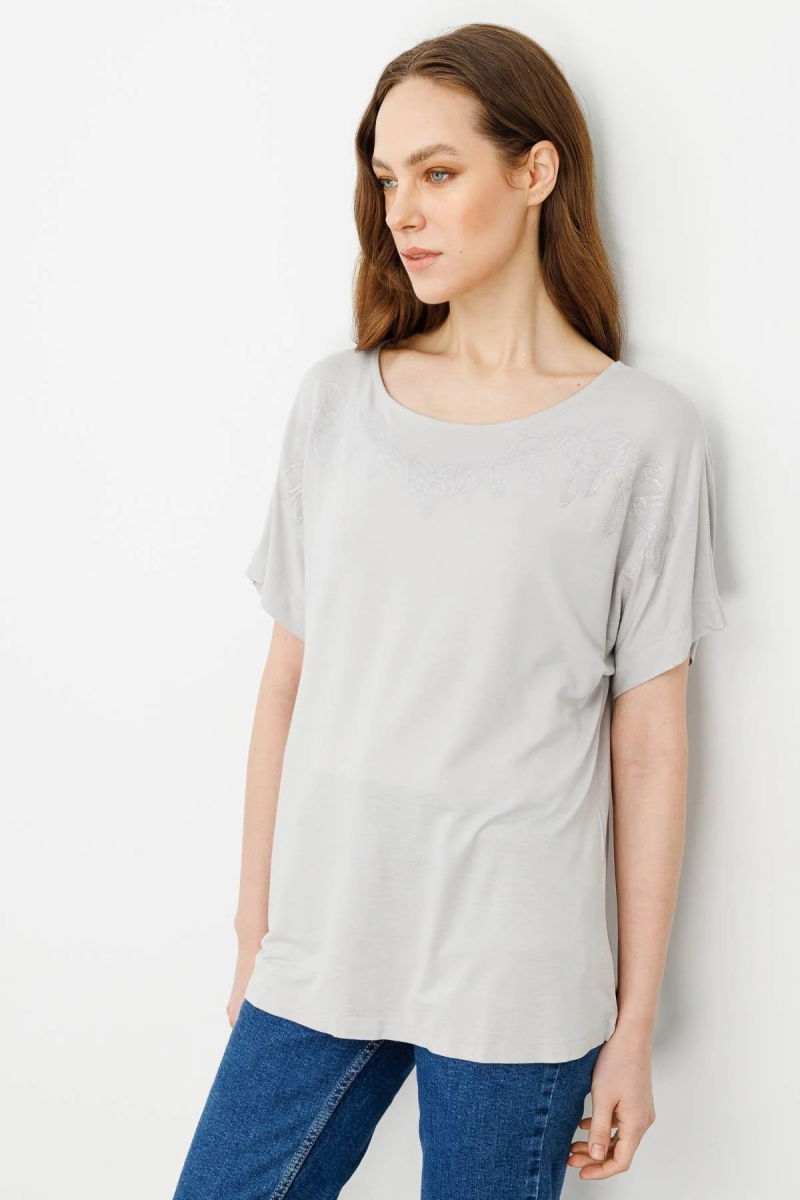 Desen Triko Kadın Sıfır Yaka Boncuk İşlemeli Penye T-Shirt 25859 Taş - 1