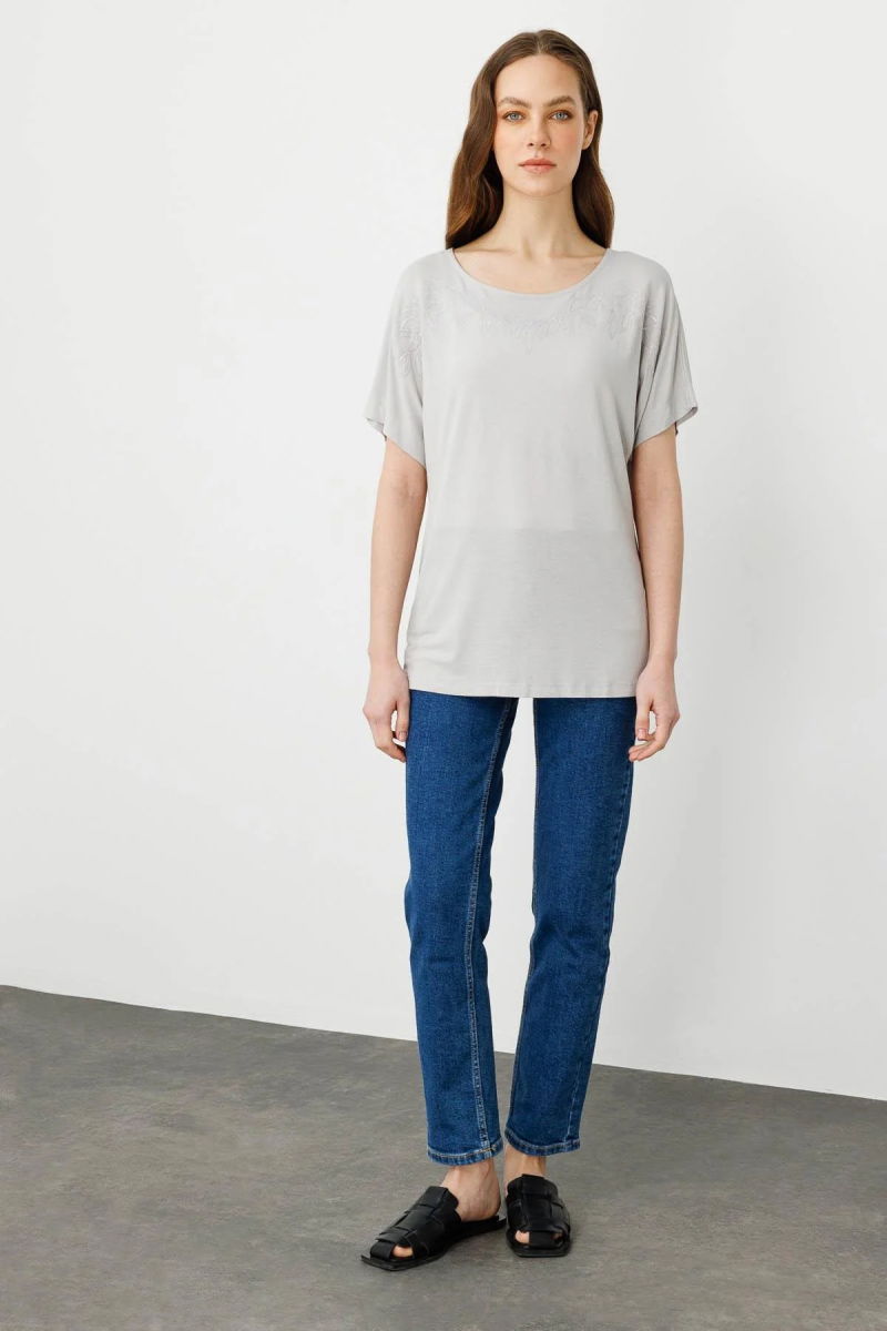 Desen Triko Kadın Sıfır Yaka Boncuk İşlemeli Penye T-Shirt 25859 Taş - 2